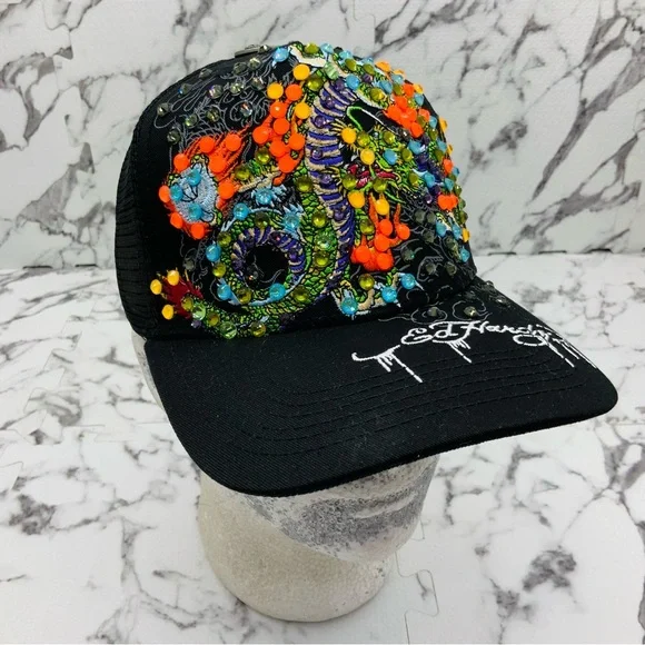 Ed Hardy Dragons BlackMulticolor Rhinestone Trucker Hat NWT